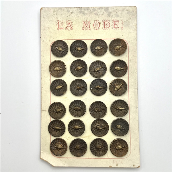 Original store card of 24 brass fish buttons by La Mode.