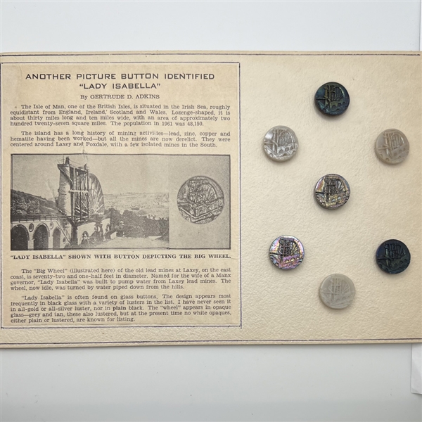 Card of seven glass buttons - “Lady Isabella” with information.