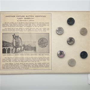 Card of seven glass buttons - “Lady Isabella” with information.