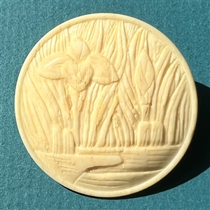 Carved natural material button of Japanese Iris among leaves.  