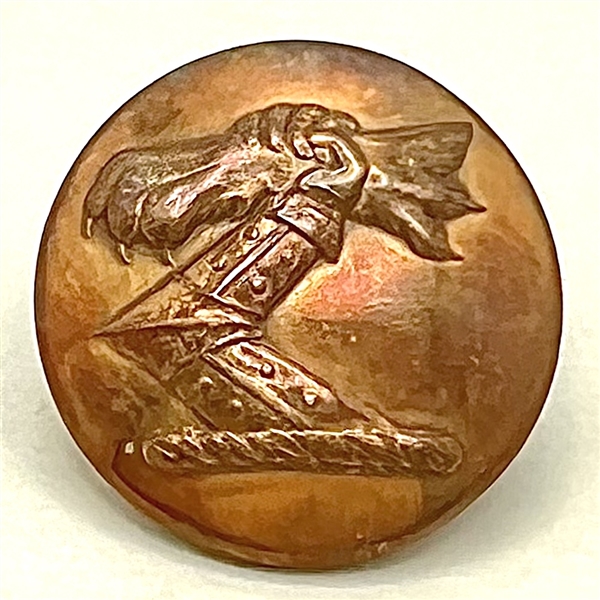 Large Livery crest button of a hand/arm holding a severed lion paw.