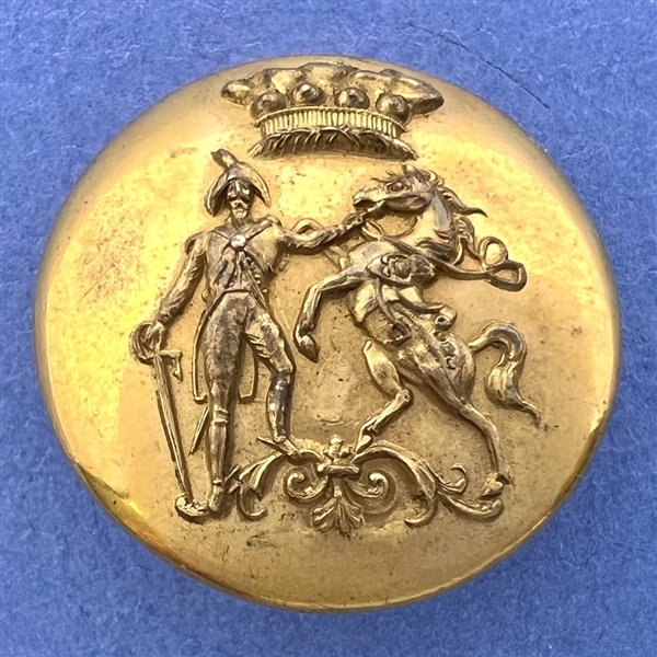 Livery badge button of a soldier and a rampant horse under Earl’s coronet of rank.