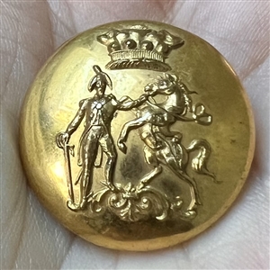 Livery badge button of a soldier and a rampant horse under Earl’s coronet of rank.