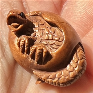 Realistic lizard breaking out of egg boxwood button.