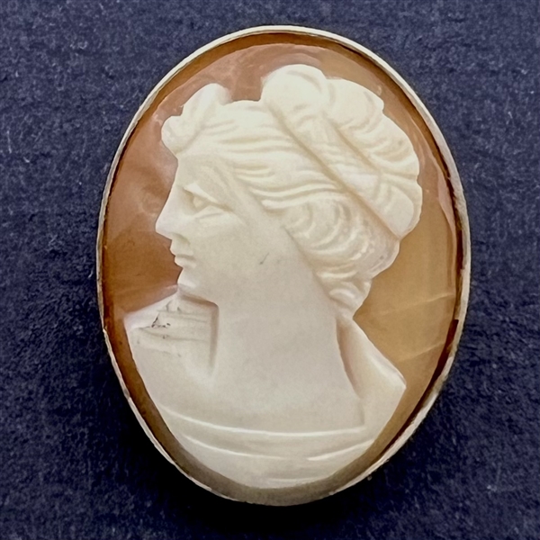 Cameo carved helmet shell of a woman’s head.