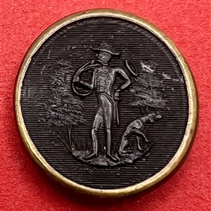 Rare rimmed molded horn sporting button of hunter with hound.