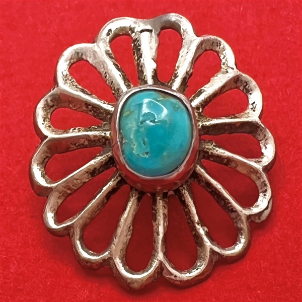 Native American button of cast silver with turquoise center