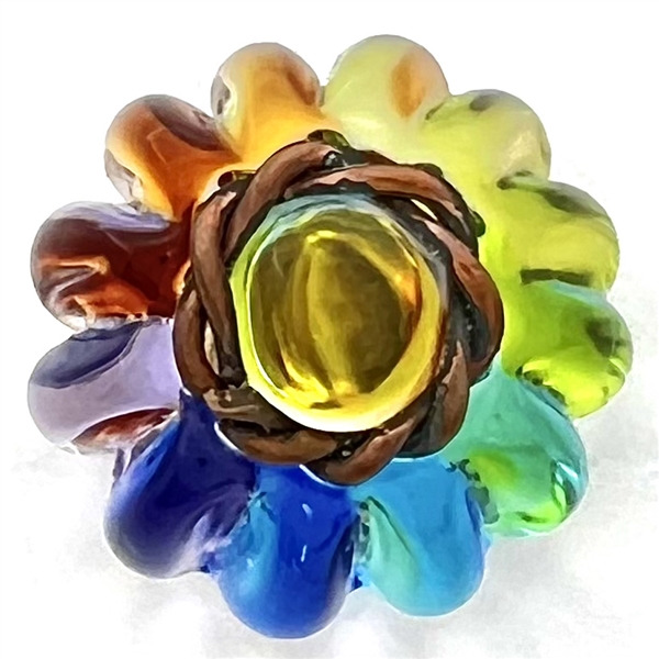 Stunning rainbow glass paperweight studio button by Mary Gaumond.