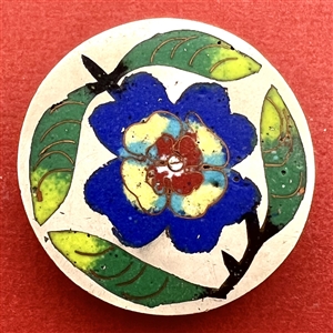 Very early Chinese enamel cloisonné button of a flower and leaves.