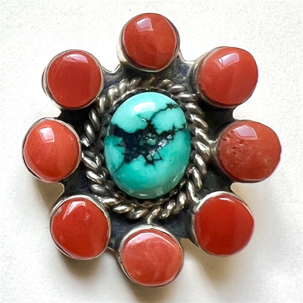 L.Bahe -Navajo turquoise, coral, and sterling silver button.