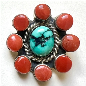 L.Bahe -Navajo turquoise, coral, and sterling silver button.