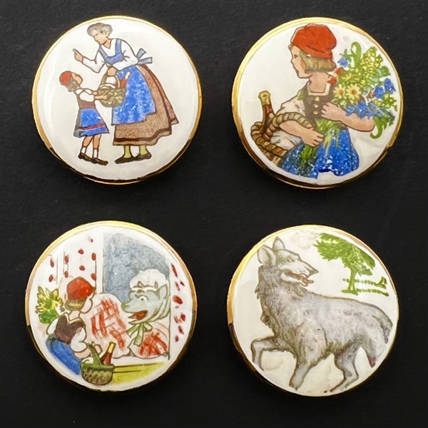 RARE set of four ceramic buttons - story of Little Red Riding Hood.