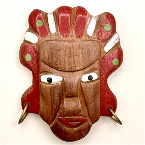 HUGE carved wood button of a face  with headdress and earrings.