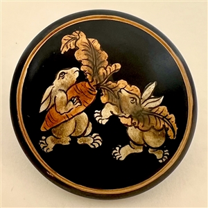 Extra large Russian (?) lacquer wood button of two rabbits with carrots.