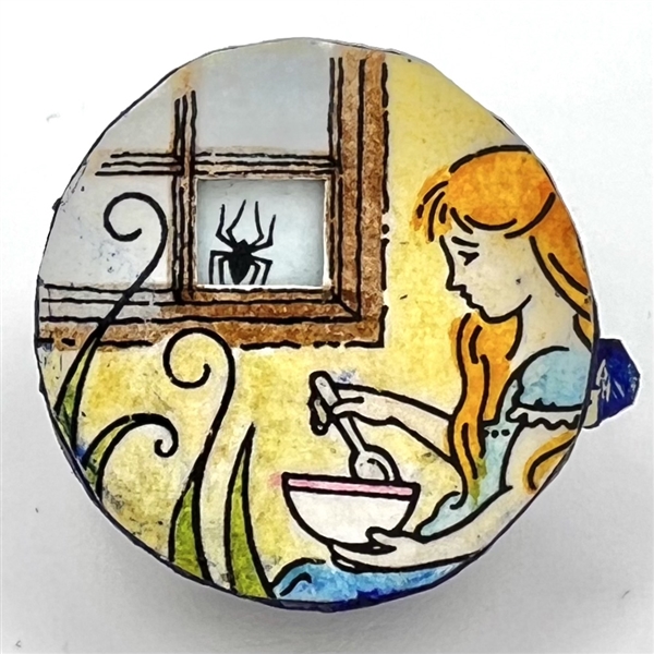 Movable show favor button of “Little Miss Muffet" by Grace Bauman.