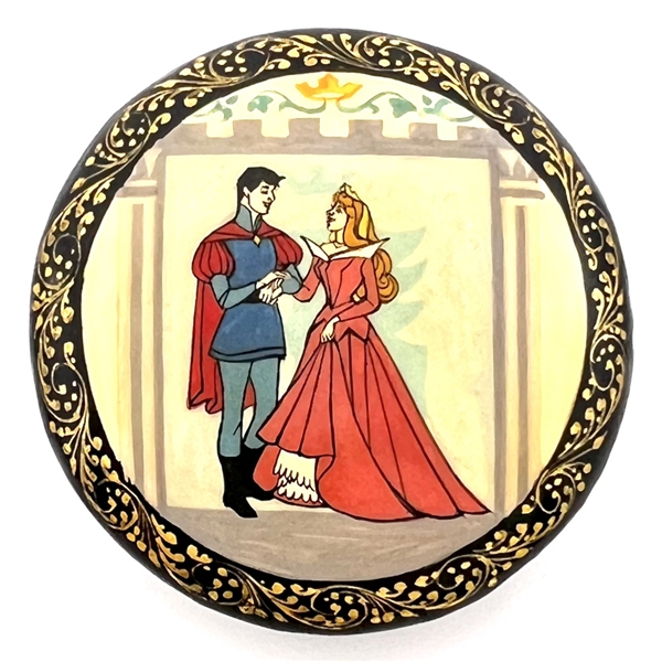 Fabulous Russian lacquer button of “Sleeping Beauty and her Prince."