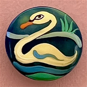 Brooks painted casein button of a swimming swan.