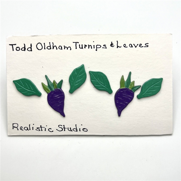 Todd Oldham turnip and leaves painted metal buttons.