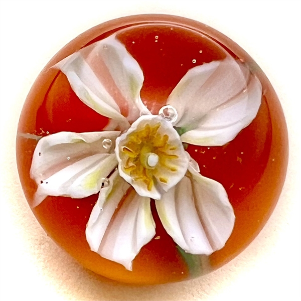 Stunning show favor button by Mary Gaumond - glass paperweight studio button of a 3D orange blossom.