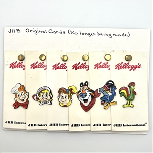 Six original JHB carded buttons of Kellogg’s cartoon cereal characters.