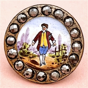 A 19th c. French enamel button of a man in 18th c. costume.