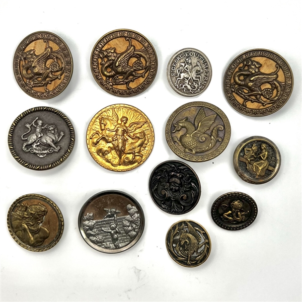 Thirteen mythological and fabulous creature buttons.