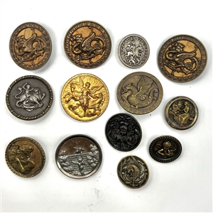 Thirteen mythological and fabulous creature buttons.