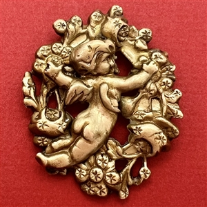 Brass button of a flying cherub tending to flowers