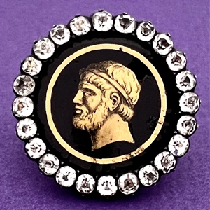 An 18th c. Transitional églomisé of Zeus with paste border in silver button.