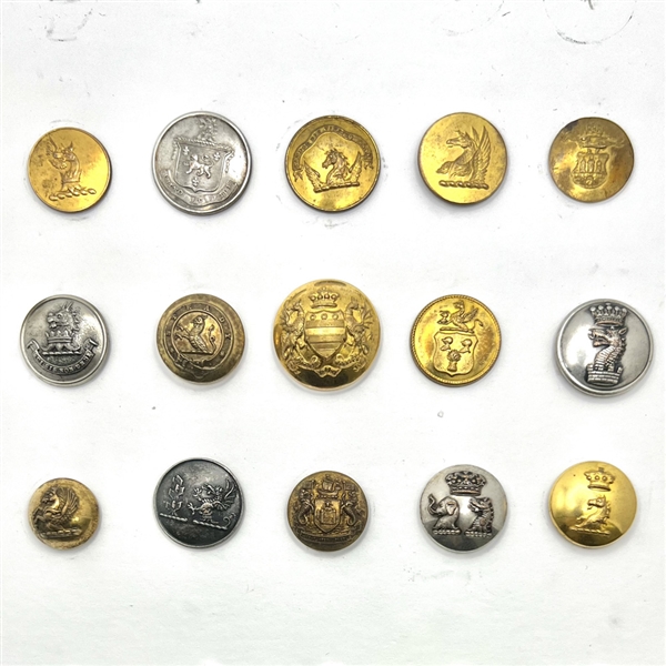 Fifteen Livery buttons depicting fabulous creatures.