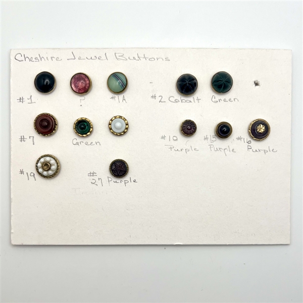 Card of thirteen small and diminutive Cheshire jewel buttons. 