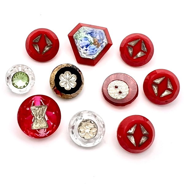 Group of 10 precision inlay glass buttons and others.