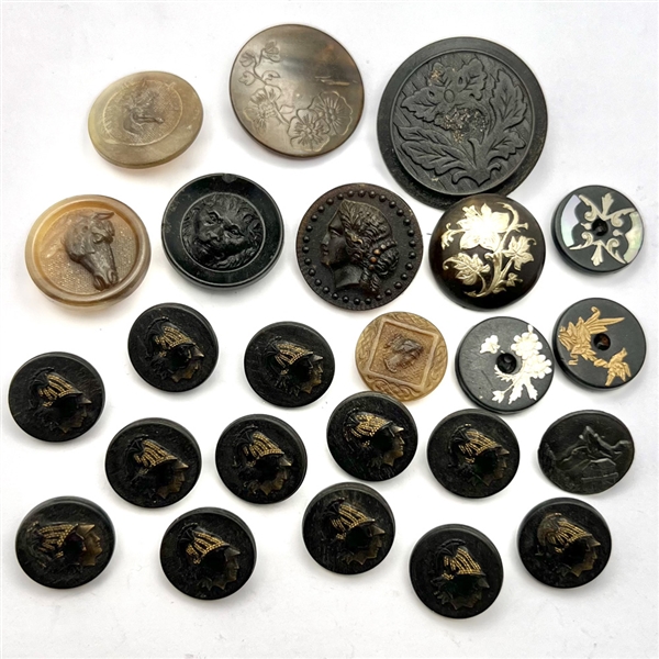 Group of 24 assorted horn and wood buttons. 