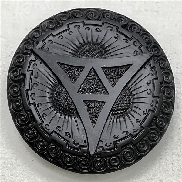 Extra large black glass button with Art Deco design.