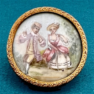 A 19th c. Polychrome painting on natural material of a couple under glass button.