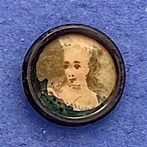 RARE Diminutive size lithograph button of a woman in a bonnet.