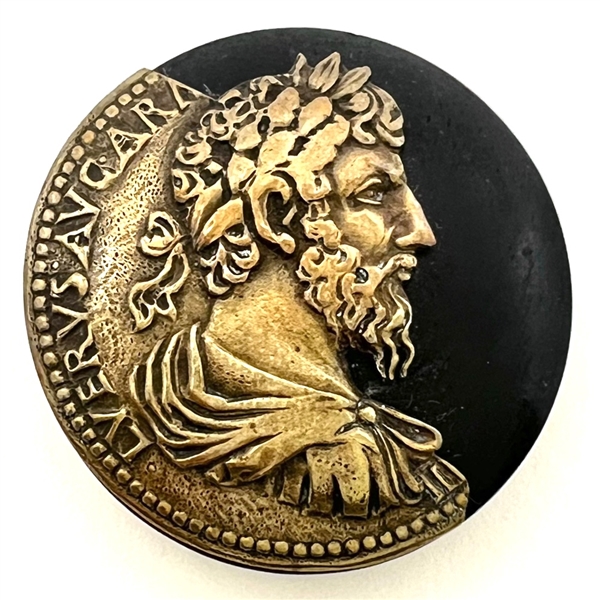 Wood button with brass escutcheon of  the Roman Emperor Lucius Vernus.