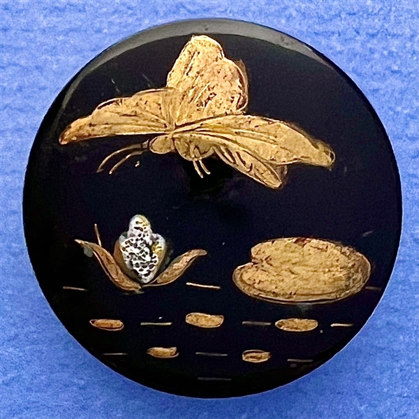 Div. I black glass with luster combination button of butterfly over lily pads