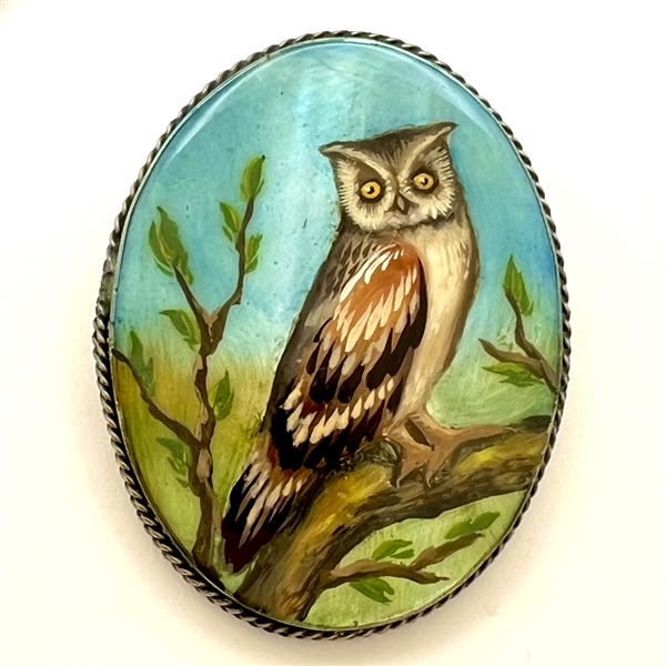 Large oval painted shell button of an owl.