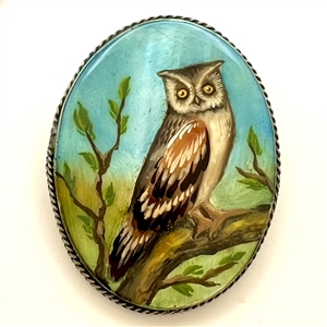 Large oval painted shell button of an owl.