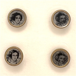 Four tiny tintype buttons of women.