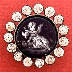 “En grisaille” 19th c. enamel button of cherub holding a dove upside down.