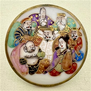 Extra large Japanese Kutani porcelain button of the seven Gods of Fortune.