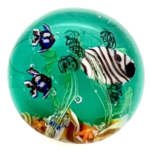 Glass paperweight studio button of fish swimming.