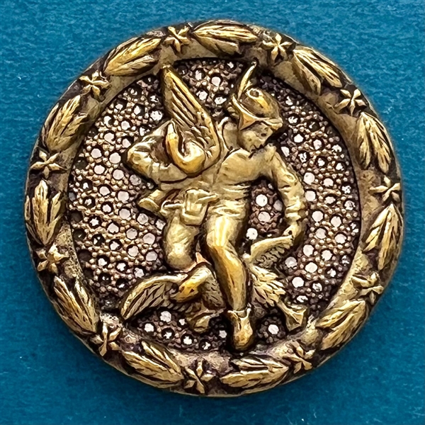 Brass button with screen background of a huntsman carrying two birds.