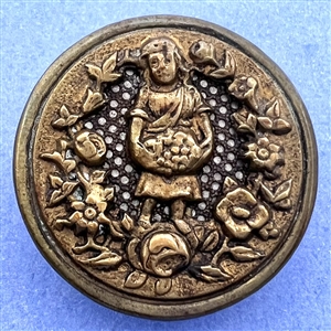 Brass button with screen background of a girl carrying flowers.