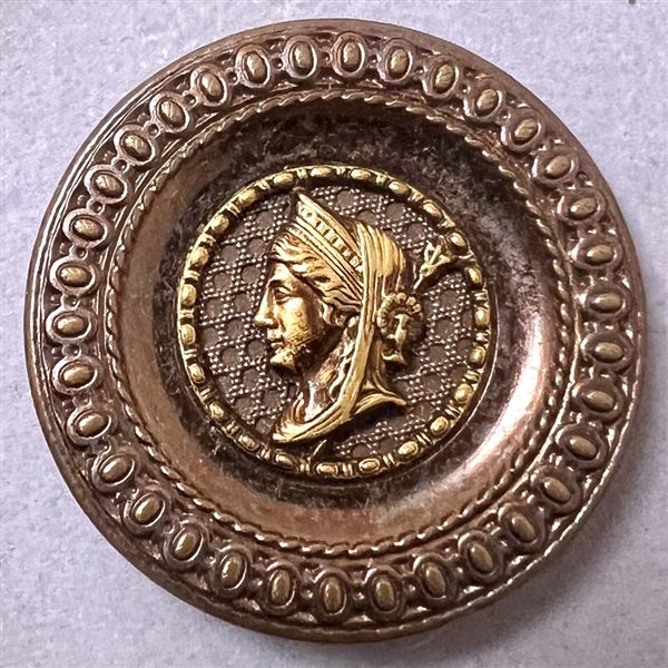 Tinted brass button of woman’s head with screen background.