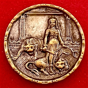 “Lion tamer” brass button of a woman with lions.