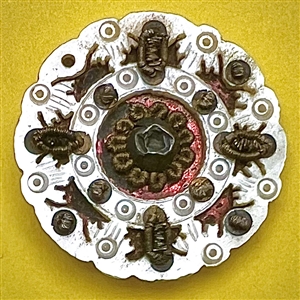 RARE and FABULOUS 18th c. Incised pearl button with passementerie bugs and flower (?) center.