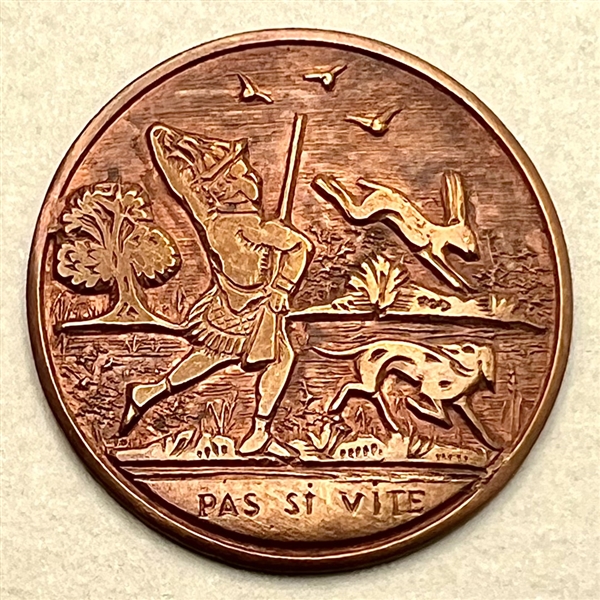 Satirical French sporting copper button.